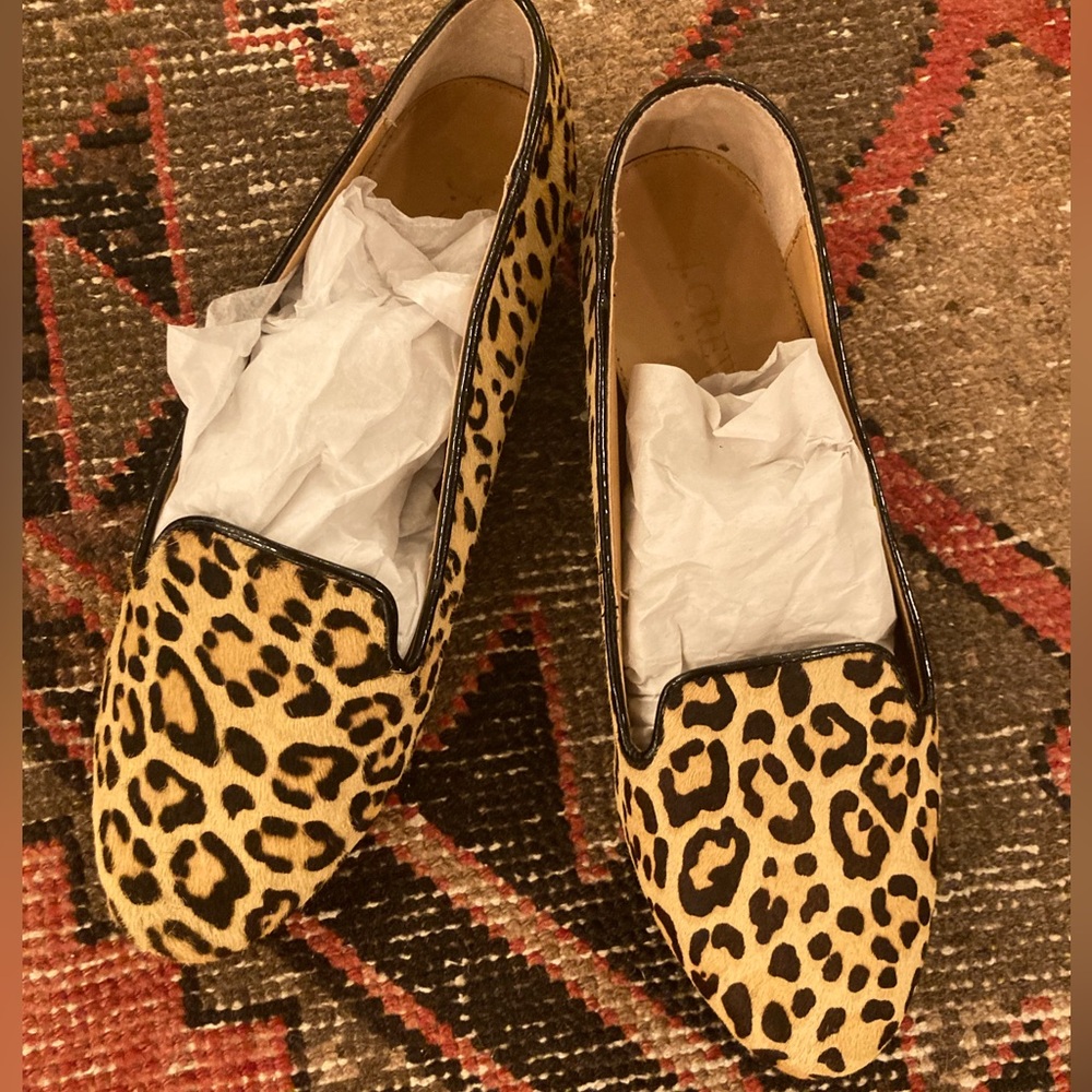 J Crew Factory Leopard Print Calf Hair Leather Flats Loafers Womens 8 Animal - Picture 2 of 9